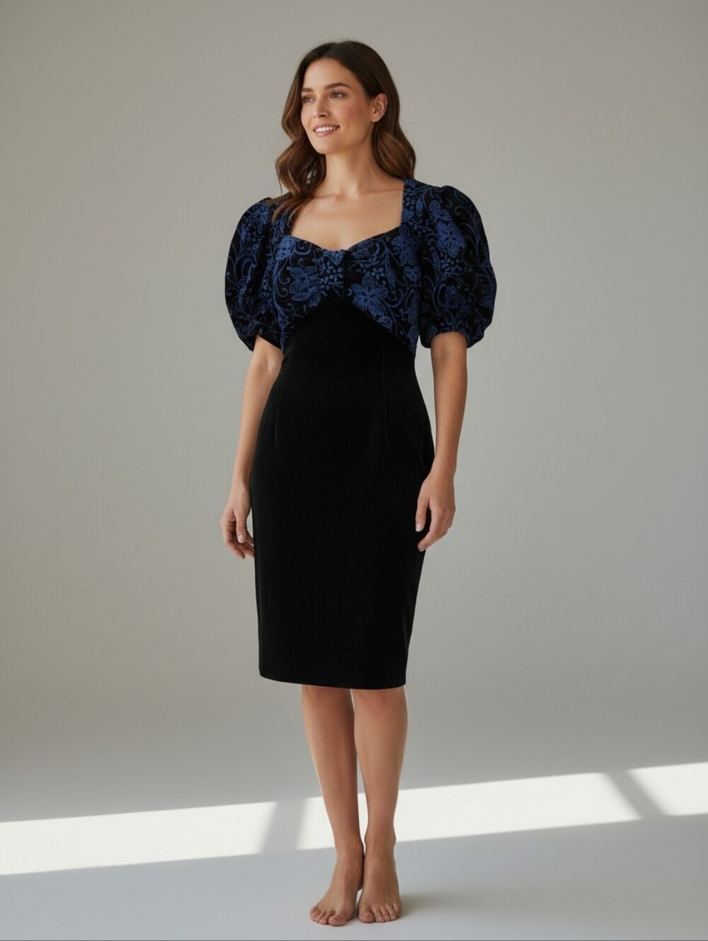 Vintage Scott McClintock Velvet Cocktail Dress Black Blue Open Back Puff Sleeves
